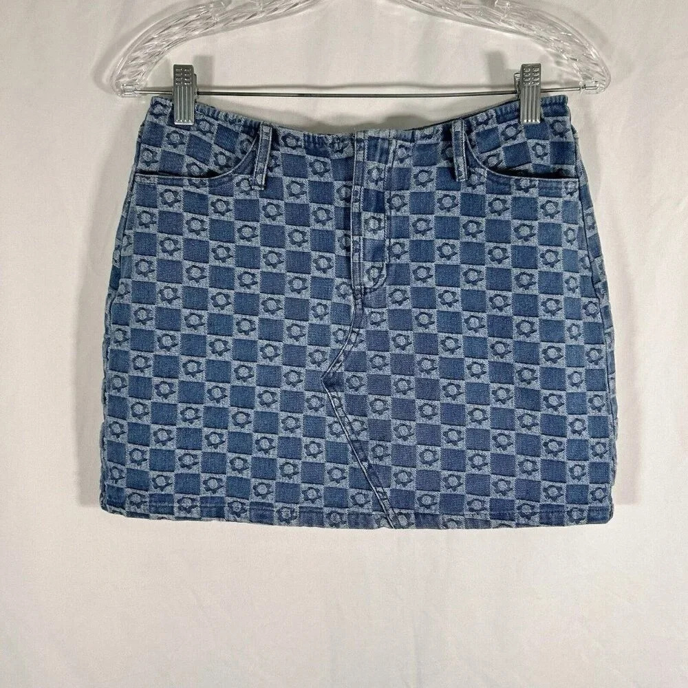 Le Lis Mini Skirt Women's Small Blue Denim Hook Eye Zip Cotton Blend Pockets